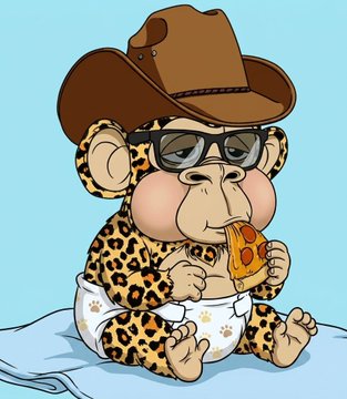 The image features a cartoon baby monkey wearing a cowboy hat, glasses, and a diaper with leopard print pants. The baby monkey appears to be eating pizza while sitting on a blue blanket or towel. The caption of the image reads "Good morning Today is Thursday BABY B CLUB 0.0006 eth LINK opensea.io/collection/bab ...". This suggests that the image might have been created for an online comic strip, blog post, or social media account related to baby monkeys and their adventures.