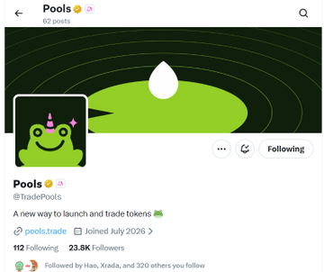 A Twitter/X profile page for 'Pools' (@TradePools), displaying a frog avatar, the tagline 'A new way to launch and trade tokens', and noting it was joined in July 2026 with 23.8K followers.