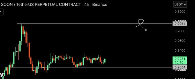 A 4-hour Binance candlestick chart for the $SOON/USDT perpetual contract shows price consolidation between approximately $0.2064 and $0.2231, well below a marked resistance level at $0.2954 with an X drawn at that zone suggesting a potential short entry target.