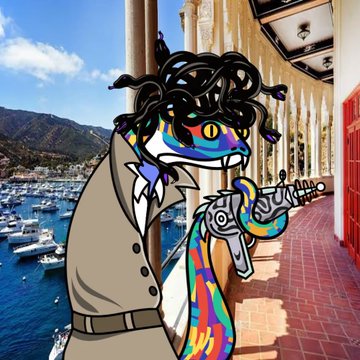 A colorful animated illustration of a frog-like humanoid character with a gun, wearing a tan trench coat and black sunglasses, set against a Mediterranean harbor background.