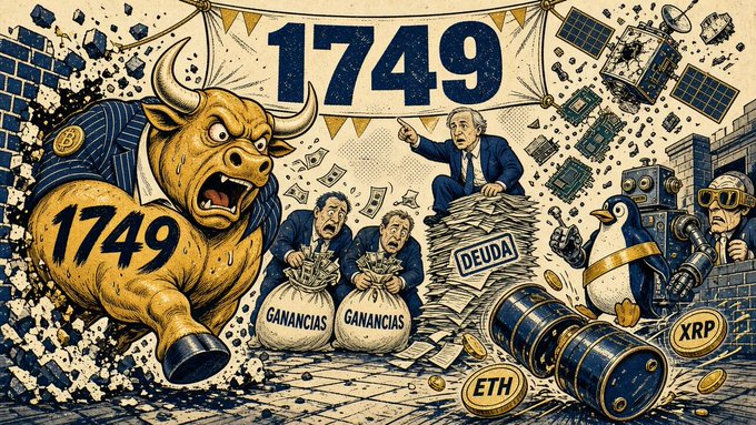 An illustrated satirical scene with a bull labeled "1749" bursting through a wall, politicians with money bags marked "GANANCIAS," a figure on "DEUDA," and crypto coins labeled ETH and XRP.