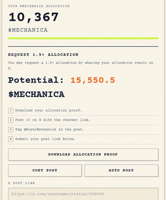 A $MECHANICA token allocation page showing a current allocation of 10,367 and a potential 1.5x allocation of 15,550.5 if the user shares results on X tagging @RoyalMechanica.