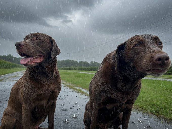Two wet chocolate Labrador dogs sitting outdoors on a wet road during a rainstorm under a cloudy gray sky.