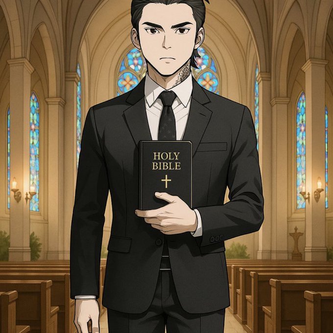 Anime-style illustration of a serious man in a black suit and tie holding a "HOLY BIBLE" inside a cathedral with stained glass windows, connecting to the post's "Sunday" greeting and Sunday positivity theme around the maritime/blockchain update.