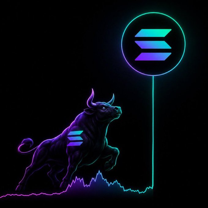 A neon-style digital artwork features a purple and teal bull charging upward against a black background, with a circular Solana (SOL) logo above it and an upward-trending price chart line below.