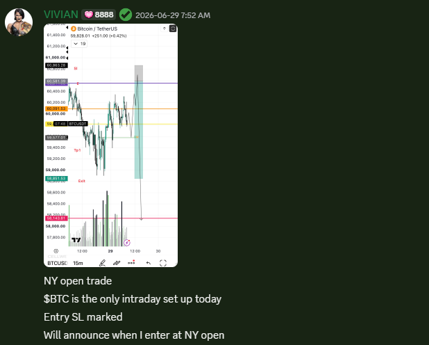 A Telegram message from VIVIAN dated 2026-06-29 showing a Bitcoin/TetherUS (BTCUSDT) chart with the text: 'NY open trade, $BTC is the only intraday set up today, Entry SL marked, Will announce when I enter at NY open.'