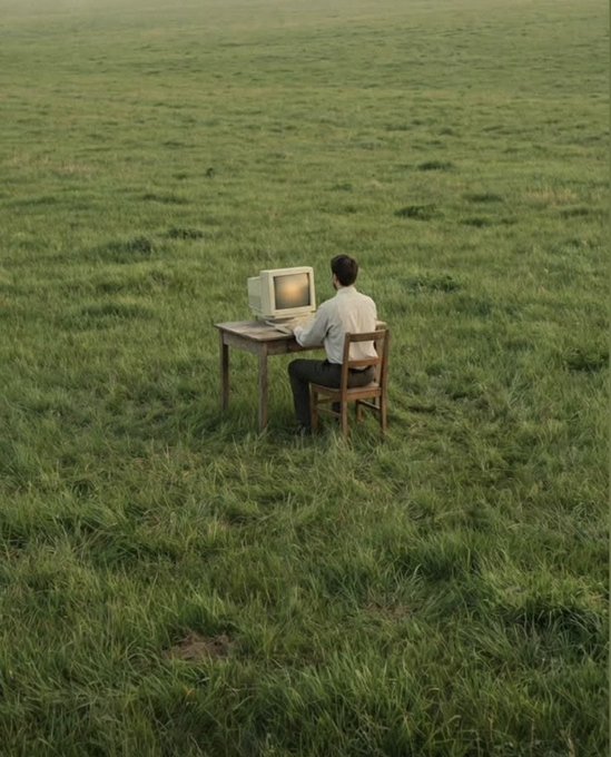 A surreal scene of a man in a white shirt sitting at a wooden desk with an old CRT computer, working alone in the middle of a vast grassy field.