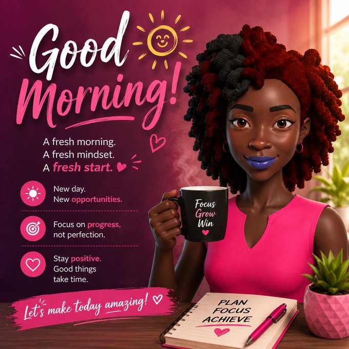 The image features a woman with curly hair, wearing a pink dress, holding a coffee mug and sitting at a desk or table. The background of the image has a pink hue, which complements her outfit. There are several texts written on the image that include "Good Morning!", "A fresh morning!", "A fresh start!", and "Let's make today amazing!". These phrases emphasize the importance of starting the day with positivity and enthusiasm.