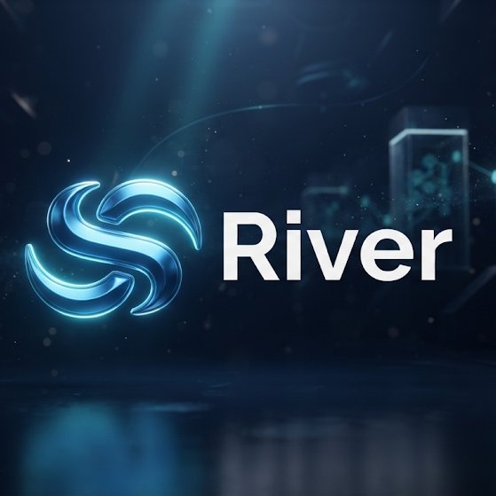 A digital logo for "River" featuring a stylized blue swirling icon next to the brand name on a dark background with subtle network and light effects.