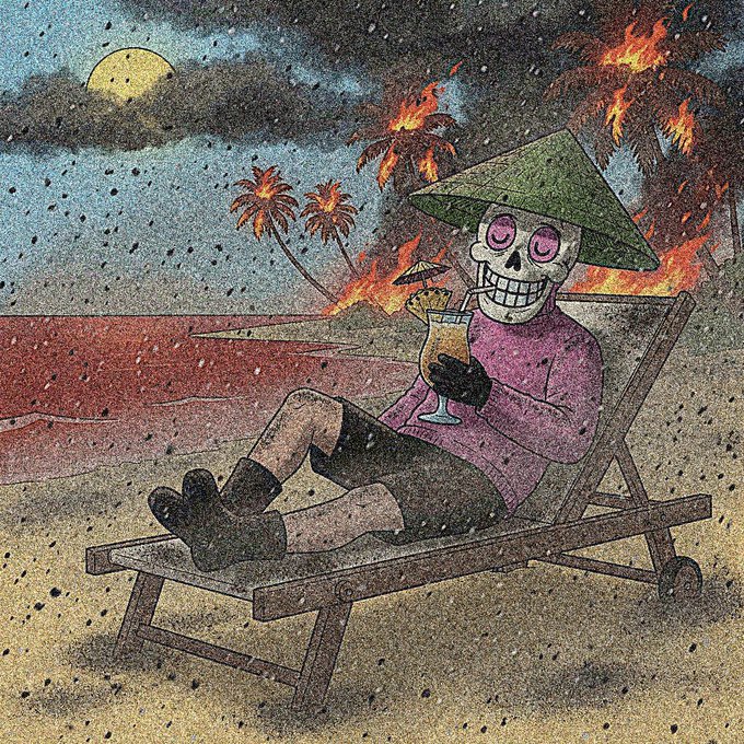 An illustration depicts a relaxed skeleton wearing a green conical hat and purple shirt, lounging on a beach chair with a cocktail while sipping through a straw against a backdrop of fire and a moonlit sky.