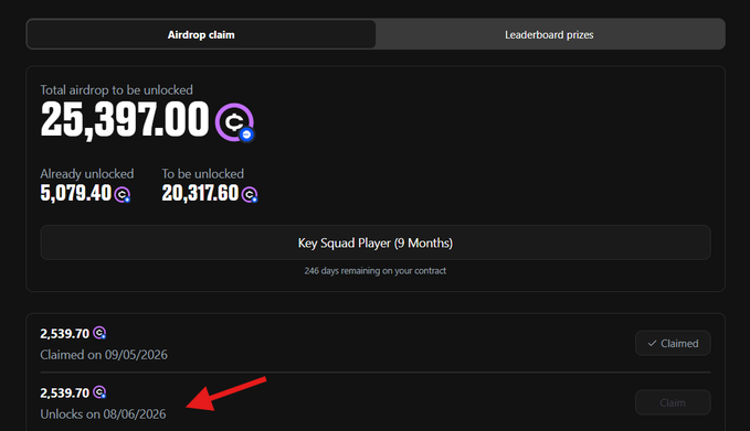 The image shows a screenshot from a website where a user has made a claim by clicking on the "Monthly vesting claim" button. The claim is for $75 worth of tokens, which will be deposited into an account on June 8. This account belongs to @ofc_the_club and it is estimated that there are around $75 worth of tokens in the account. The image also has a caption below it, stating "Monthly vesting claim from @ofc_the_club is coming up on June 8. around $74".