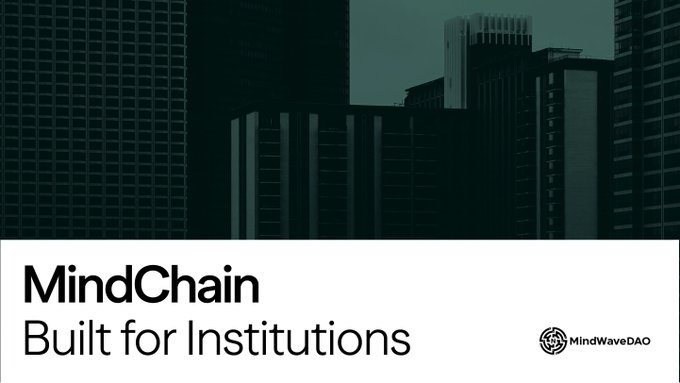 A presentation slide reading 'MindChain - Built for Institutions' with the MindWaveDAO logo, set against a dark cityscape background.