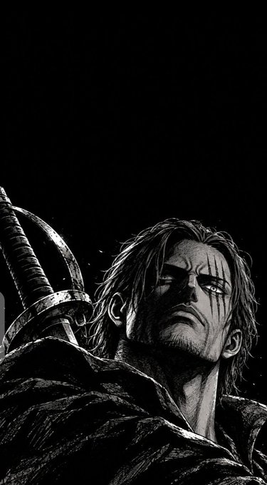 A dramatic black and white illustration of a rugged warrior with long hair and facial scars, carrying swords on his back, looking upward with an intense expression.