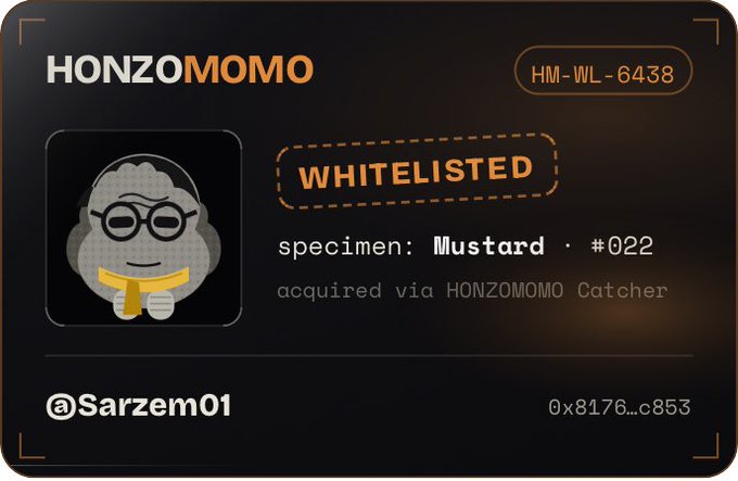 A digital NFT-style card for 'HONZOMOMO' specimen 'Mustard #022' showing a cartoon sheep character with glasses and a yellow scarf, marked as 'WHITELISTED' and acquired via HONZOMOMO Catcher, owned by @Sarzem01.