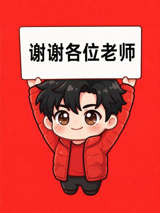 A cute cartoon boy in a red jacket holds up a sign reading '谢谢各位老师' (Thank you, teachers) against a red background.
