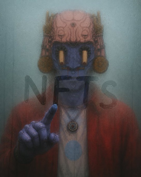 An artistic, surreal painting of a figure in a red robe with a blue/purple face wearing ornate headgear, holding up a hand with the index finger raised; the letters 'NTS' appear as a faint watermark.