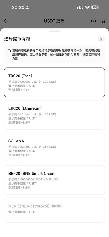 Screenshot of HTX exchange showing USDT deposit network selection, with TRC20 (Tron) highlighted displaying zero fees (0.000000 USDT) and 1 USDT minimum, compared to other networks like ERC20 (0.61 USD), Solana (0.53 USD), and BEP20 (0.50 USD).