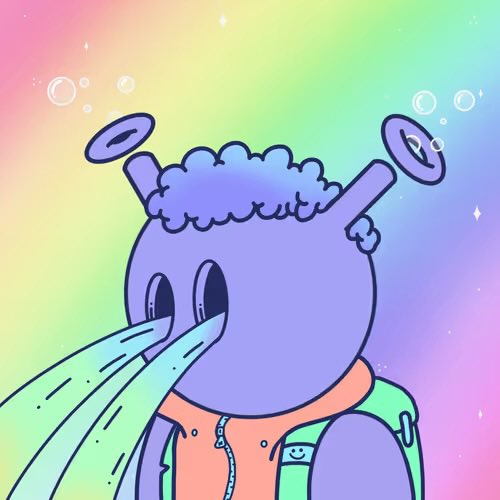 A cartoon illustration of a blue, rounded character with antennae and green liquid shooting from its eyes, set against a pastel rainbow background with bubbles and sparkles.
