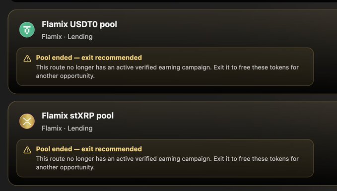 Two warning notifications for Flamix pools on Flare: 'Flamix USDT0 pool' and 'Flamix sXRP pool', both indicating the pools have ended and exit is recommended.