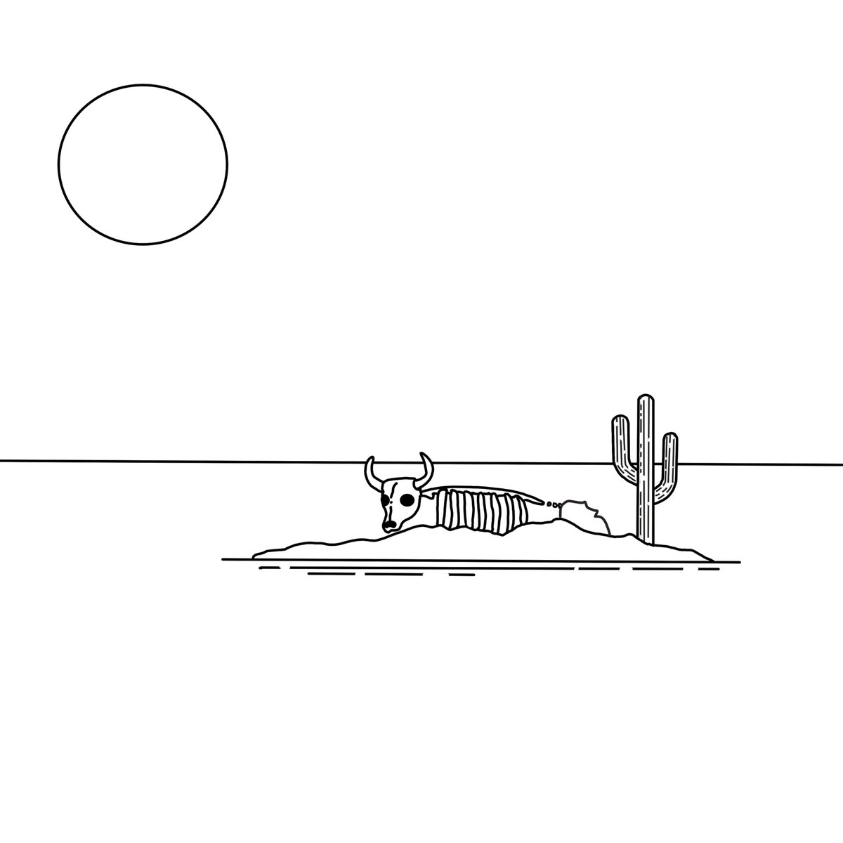 The image features a black and white line drawing depicting a cow lying down next to a cactus, with the sun rising behind them. The cow appears to be resting or sleeping while the cactus stands tall nearby. The scene also includes a desert landscape in the background, adding depth to the overall composition. The post that accompanies this image is titled "gm Day 5 of #Lookattheflowerstez Dust to Dust!".