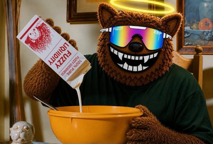 A digitally edited image shows a brown bear-like character wearing 'FUZZY' branded sunglasses and a yellow halo, pouring 'FUZZY LIQUIDITY' (100% Pure Goodness) into an orange bowl.