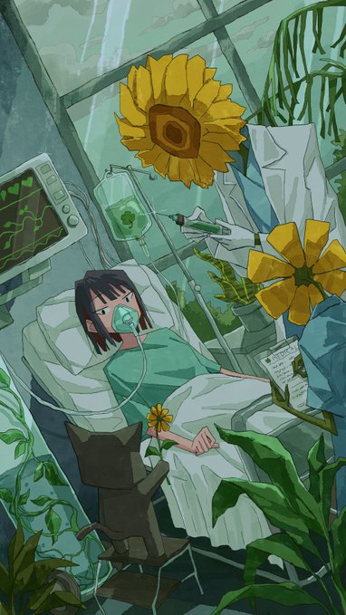 An illustrated scene of a girl with an oxygen mask lying in a hospital bed surrounded by sunflowers, plants, and a heart monitor, with a stuffed rabbit toy beside her, rendered in green and yellow tones.
