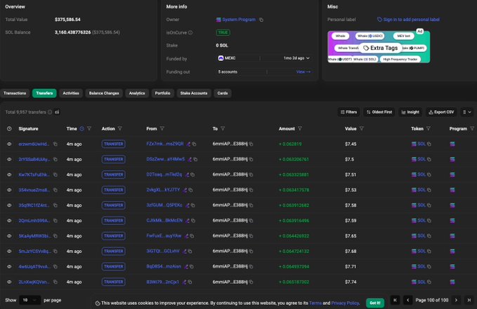A screenshot of a cryptocurrency transaction dashboard on 'SOLSCAN' shows a total value of $375,586.54 and lists numerous recent transfers.