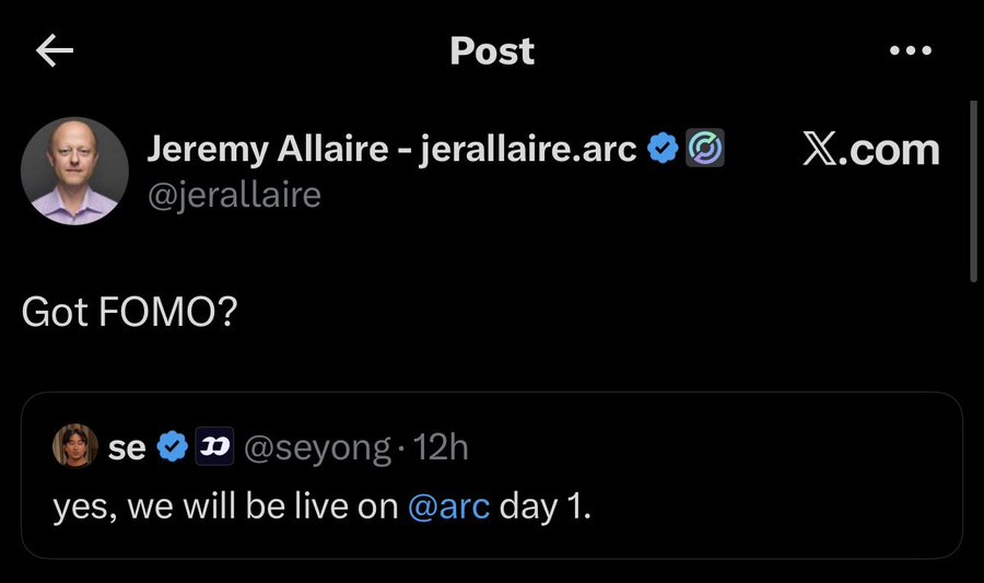 The image shows a social media post by Jeremy Allaire (@jerallaire), the CEO of Circle, asking "Got FOMO?" with a quoted reply from @seyong stating "yes, we will be live on @arc day 1." This relates to the ARC Guide post by confirming Jeremy Allaire's excitement about ARC's mainnet launch on September 16, with the quoted response indicating the trading bot will support ARC from its first day of trading.
