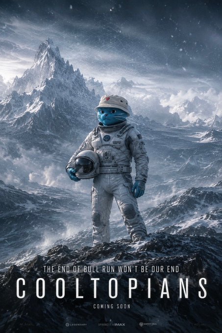 A movie poster parody titled 'COOLTOPIANS' featuring a blue cat in an astronaut suit holding a helmet, standing on a snowy mountain with text 'THE END OF BULL RUN WON'T BE OUR END' and 'COMING SOON'.