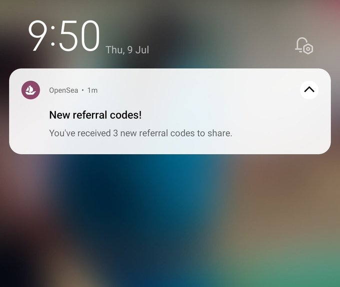 An Android phone lock screen displaying a notification from OpenSea at 9:50 on Thursday, July 9, alerting the user about 3 new referral codes to share.