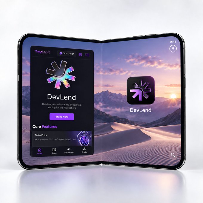 A foldable smartphone displays the DevLend app interface on a desert landscape wallpaper, showing staking options and a 'Stake Now' button.