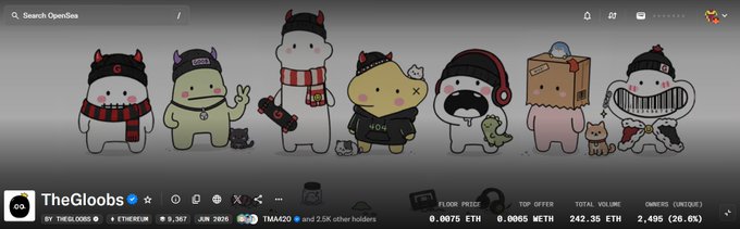 The OpenSea NFT collection page for 'TheGloobs' shows six cartoonish character illustrations with a floor price of 0.0075 ETH.