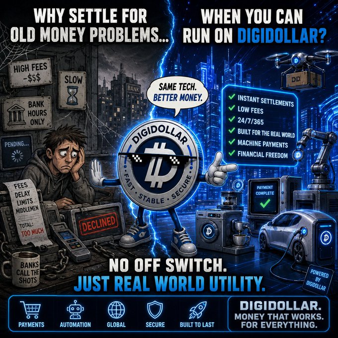 A promotional graphic contrasting outdated banking problems (high fees, slow processing, bank hours) with DigiDollar's modern benefits, featuring a coin mascot declaring "Same Tech. Better Money." alongside features like instant settlements, low fees, 24/7/365 availability, and machine payments, with the tagline "Money that works for everything." The image directly supports the post by marketing DigiDollar—a service built on the Digibyte ($DGB) blockchain—as a practical, utility-focused cryptocurrency solution for real-world payments.