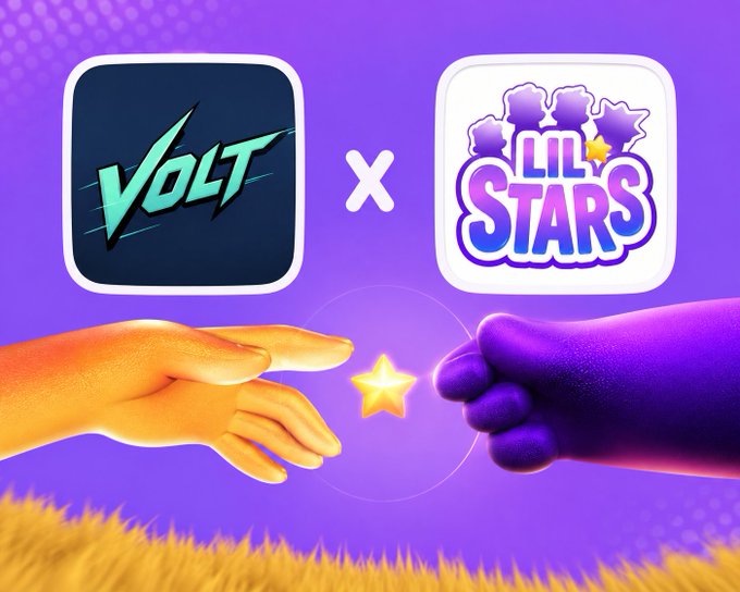 Promotional graphic announcing a collaboration between "VOLT" and "LIL STARS," featuring two fists (one yellow, one purple) meeting in a fist bump with a glowing star between them against a vibrant purple background with yellow grass. The image visually represents the partnership teased in the post, with the "x" symbol between the two logos indicating the collaboration.
