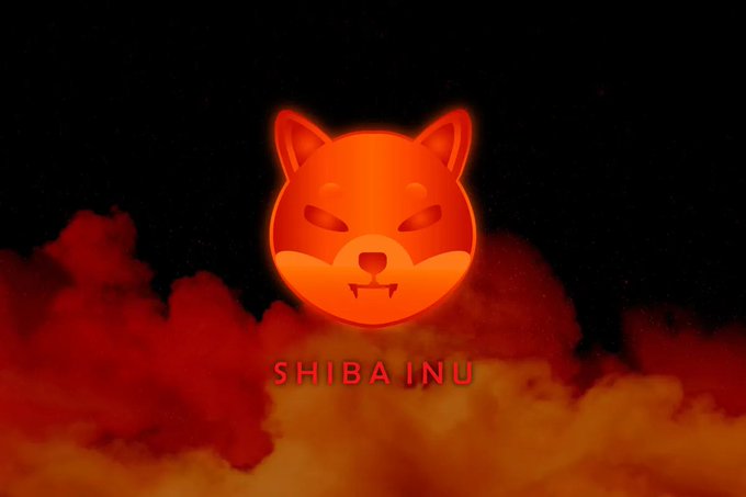 The Shiba Inu cryptocurrency logo—an orange stylized dog face—set against a dark background with billowing red and orange smoke at the bottom.