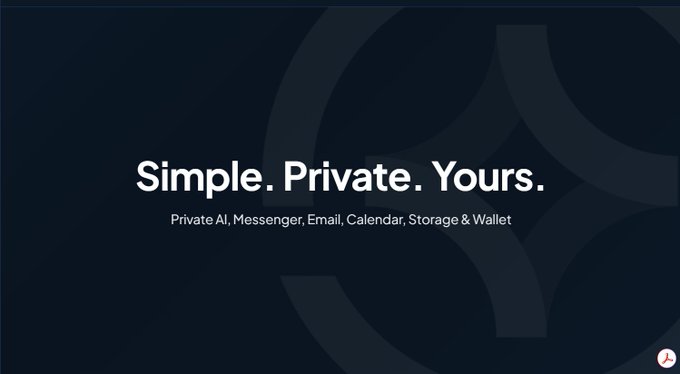 A dark blue graphic with the text 'Simple. Private. Yours.' and a subtitle reading 'Private AI, Messenger, Email, Calendar, Storage & Wallet'.