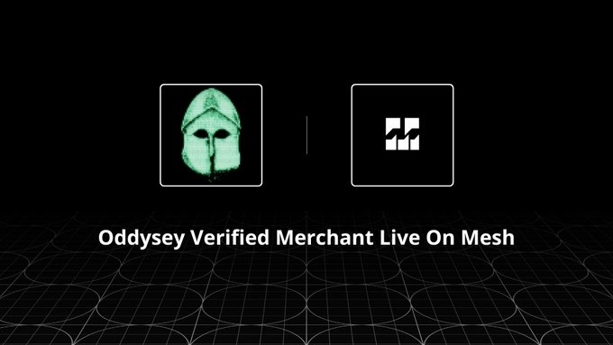 A digital graphic with a dark grid background showing two app icons—one of a green Spartan helmet and another with a white geometric logo—with text reading 'Odddsey Verified Merchant Live On Mesh'.