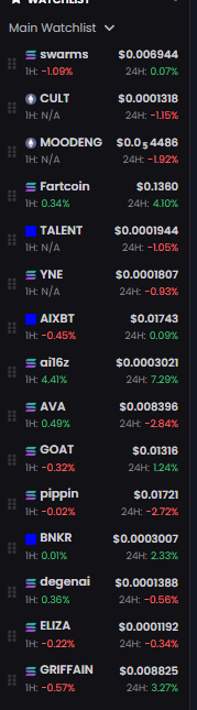 A 'WATCHLIST' screen displaying cryptocurrency prices and 24-hour changes, including swarms ($0.006944, -1.00%), CULT ($0.00001318), MOODENG ($0.004486, -1.92%), and Fartcoin ($0.1360, -1.04%).