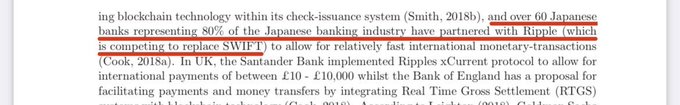 A highlighted text excerpt stating that over 60 Japanese banks have partnered with Ripple to replace SWIFT, along with mentions of Santander's xCurrent protocol in the UK and payment figures of £10-£10,000.