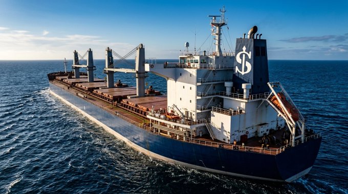 A large blue and white cargo ship sailing on open ocean waters under a clear blue sky, featuring multiple cranes and a dollar sign logo on its smokestack.