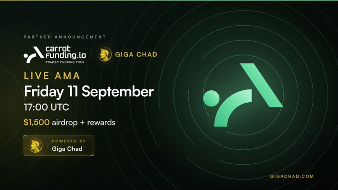 A promotional banner announces a 'LIVE AMA' with Carrot Funding.io and Giga Chad on Friday 11 September at 17:00 UTC, featuring a $1,500 airdrop + rewards.