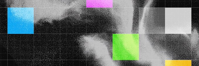 Abstract digital art featuring colorful squares and a grainy black and white portrait on a dark background.