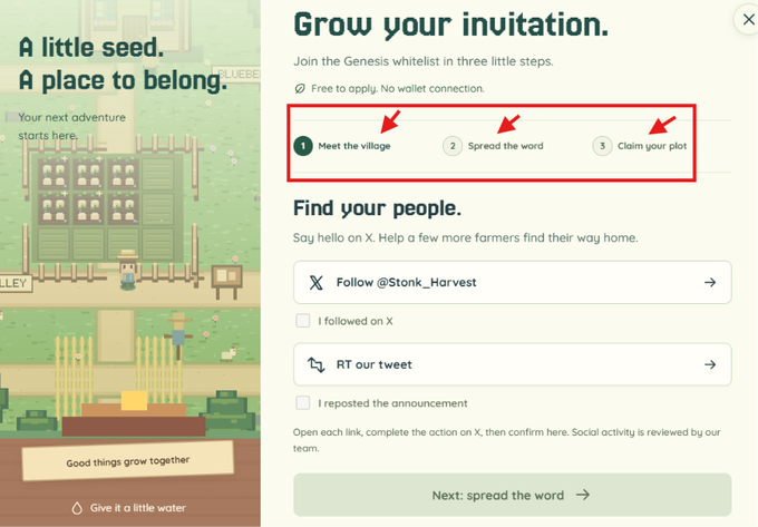 The image shows a Stonk Harvest Genesis whitelist page with a 3-step process highlighted (Meet the village, Spread the word, Claim your plot), where users follow @Stonk_Harvest on X and retweet to qualify, directly illustrating the "free to mint" Genesis NFT collection promotion mentioned in the post about the Robinhood Chain farming game.