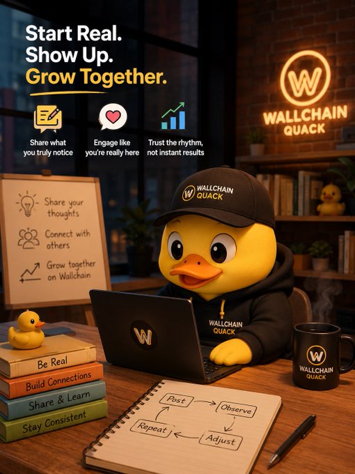 The image features a duck sitting at a desk, working on a laptop computer. The background of the image includes a sign that says "Start Real. Show Up. Grow Together." This suggests that the image is promoting the idea of starting something new or joining an existing group and growing together with others.