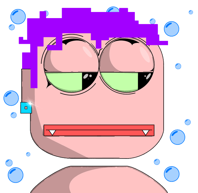 A digital illustration of a pink character with half-closed green eyes and purple blocky hair against a black background with blue circular accents.