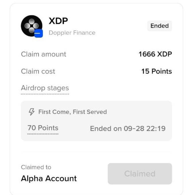 Image 8: A digital interface card for an 'XDP' airdrop from Doppler Finance, showing a claimed amount of 1666 XDP for 15 Points, marked as 'Ended' and 'Claimed' to an Alpha Account.