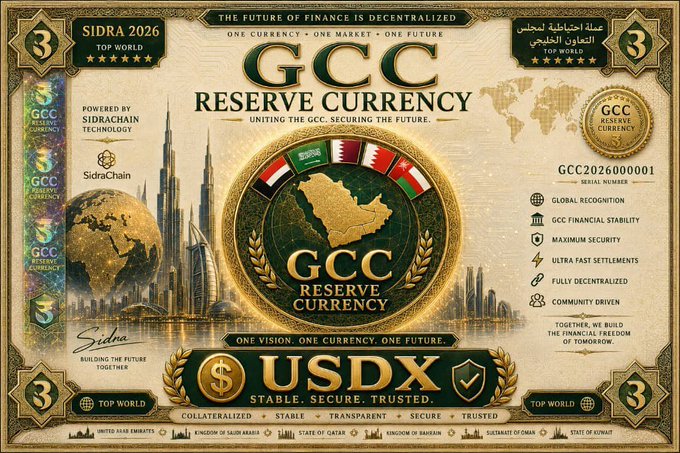 The image displays an ornate, gold-accented promotional certificate for "GCC Reserve Currency" (USDX), labeled as "Top World" and "Sidra 2026," featuring the flags of Saudi Arabia, the UAE, Qatar, Bahrain, Oman, and Kuwait alongside a central GCC emblem and cityscape silhouettes. Text highlights emphasize "Powered by SidraChain Technology" and features like "Maximum Security," "Ultra Fast Settlements," and "Fully Decentralized." It ties into the post's excitement about SidraChain's ecosystem growth, visually reinforcing the network's expansion into a unified, blockchain-backed regional financial initiative.
