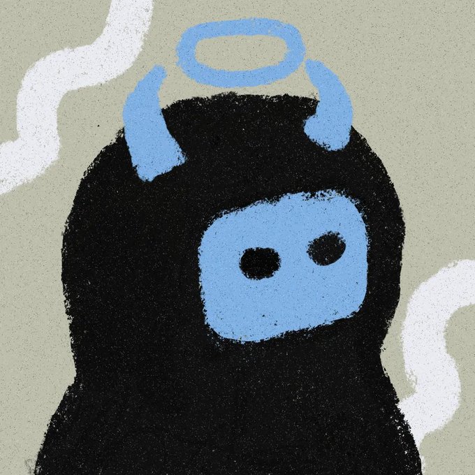An illustrated creature with a black furry body, a light blue face with two black dot eyes, and a light blue halo floats against a beige background with wisps of smoke.
