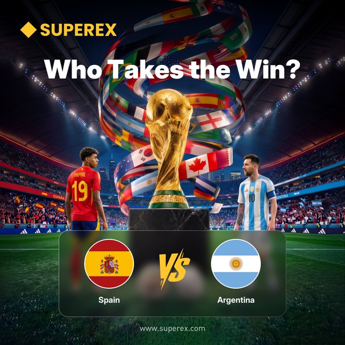 A promotional graphic for SuperEx features a FIFA World Cup trophy flanked by Spain's Lamine Yamal (#19) and Argentina's Lionel Messi (#10) under the headline "Who Takes the Win?" with a Spain vs Argentina matchup displayed below. The image visually supports the giveaway post, highlighting the two national teams competing in the final.