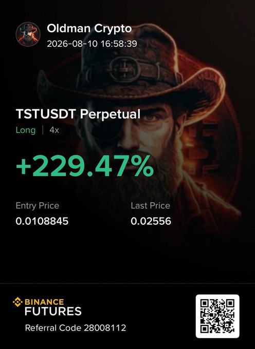 A trading performance graphic from "Oldman Crypto" dated 2026-08-10 showcases a +229.47% gain on a TSTUSDT Perpetual long position (4x leverage), with entry at 0.0108845 and last price at 0.02556, set against a cowboy-themed backdrop and featuring Binance Futures branding with referral code 28008112—visually reinforcing the post's claim of $TST pumping over 2x in 7 days.